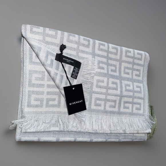 Givenchy Other - Givenchy Scarf Light Grey White Monogram Virgin Wool Blend Fringe Made in Italy